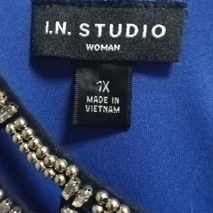 I. N. STUDIO royal blue rounded neckline w beaded w gemstones l/s blouse Size 1X